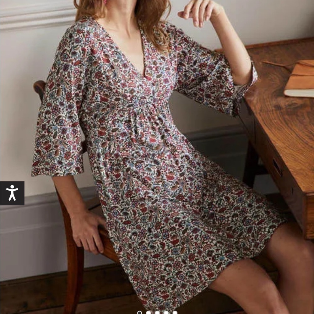 BODEN Easy Jersey Empire Mini Dress Ivory Oriental Paradise Relaxed Sz 12